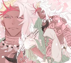  1boy asymmetrical_hair black_hair blonde_hair commentary_request dark-skinned_male dark_skin facial_tattoo falling_petals fate/grand_order fate_(series) full-body_tattoo grey_eyes headband highres japanese_clothes jewelry long_hair magatama magatama_necklace male_focus multicolored_hair multiple_views necklace open_mouth petals smile solo_focus split-color_hair tattoo umisachi-hiko_(fate) white_hair yayayakan 