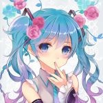  aqua_hair blue_eyes bust detached_sleeves earrings face finger_to_mouth flower hatsune_miku jewelry necktie solo tukino_(panna) twintails vocaloid 