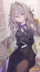  1girl black_pantyhose black_skirt black_vest commentary funa_(sakana) hair_between_eyes hair_intakes highres hunae_(funa_(sakana)) lanyard long_hair long_sleeves looking_at_viewer open_mouth original pantyhose purple_hair purple_ribbon ribbon shirt side_slit sitting skirt solo sweatdrop sweater untranslatable_commentary vest violet_eyes white_shirt yellow_sweater 