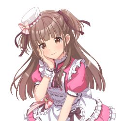  1girl bow brown_bow brown_eyes brown_hair brown_ribbon closed_mouth commentary_request dress dress_bow frilled_dress frills hair_ribbon hand_on_own_cheek hand_on_own_face hat hat_bow highres long_hair mayaayu0214 pink_bow ribbon shine_post short_sleeves solo tamaki_kyouka translation_request two_side_up white_background white_hat 