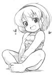  1girl bare_shoulders barefoot butterfly_sitting hairband heart looking_at_viewer missing_tooth monochrome open_mouth original rough sagamimok short_hair sitting smile solo 
