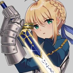  1girl ahoge armor artoria_pendragon_(fate) blonde_hair blue_dress blue_ribbon braid braided_bun breastplate commentary_request dress excalibur_(fate/stay_night) fate/stay_night fate_(series) from_side gauntlets gold_trim green_eyes grey_armor grey_background hair_between_eyes hair_bun hair_ribbon hands_up highres holding holding_sword holding_weapon juliet_sleeves long_sleeves looking_at_viewer open_mouth puffy_sleeves ribbon saber_(fate) short_hair sidelocks simple_background solo sparkle sword upper_body user_dwmj3838 weapon 