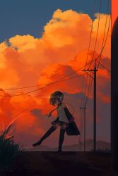  0w0_(artist) 1girl absurdres arms_behind_back audio_jack beret black_boots black_hat black_skirt black_sleeves blue_sky boots briefcase cable collared_shirt detached_sleeves grass hashtag-only_commentary hat highres holding holding_briefcase leg_up looking_at_viewer necktie orange_clouds outdoors path power_lines purple_hair purple_necktie road robot_ears shirt short_hair skirt sky solo standing standing_on_one_leg sunset thigh_boots utane_uta utau utility_pole violet_eyes white_shirt wide_shot 