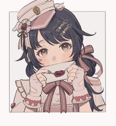  1girl absurdres black_hair blush border bow bowtie brown_bow brown_bowtie brown_eyes brown_nails brown_ribbon commentary_request covering_own_mouth facial_mark fingerless_gloves fingernails fukumaru_koito gloves hair_ornament hair_ribbon hair_rings hairclip hands_up hat heart heart_facial_mark highres holding holding_letter idolmaster idolmaster_shiny_colors letter long_hair looking_at_viewer mini_hat mini_shako_cap nail_polish outside_border ribbon shako_cap shirt simple_background solo upper_body white_background white_border white_gloves white_shirt yureru_300 