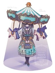  1girl bag black_choker black_dress black_pantyhose blush_stickers carousel choker commentary_request cross cross_choker dated dress full_body green_hat green_shoes hair_over_eyes handbag hat holding holding_bag long_sleeves mochimura_sorata original pantyhose shoes signature solo standing striped_clothes striped_headwear watermark 