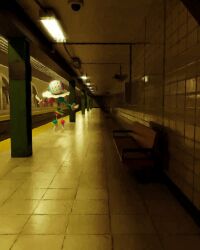  absolutely_everyone bench blacephalon ceiling_light everyone facing_viewer full_body highres indoors no_humans pillar pokemon pokemon_(creature) pokemon_focus rivalclay solo standing subway train 