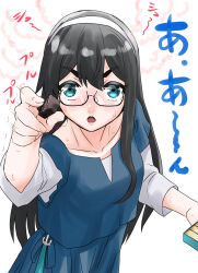  1girl black_hair blue_eyes blue_shirt blue_skirt chocolate commentary_request cowboy_shot feeding hairband highres kantai_collection layered_shirt nekotarou_(nktr299) ooyodo_(kancolle) ooyodo_(valentine)_(kancolle) pov shirt skirt solo translation_request white_hairband 