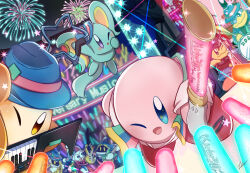  blue_hat chef_kawasaki colored_skin commentary_request concert drum drum_set elfilin fireworks glowstick guitar hat holding holding_glowstick holding_tambourine instrument keyboard_(instrument) king_dedede kirby kirby_(series) kirby_30th_anniversary_music_festival looking_at_viewer magolor marx_(kirby) meta_knight notched_ear one_eye_closed open_mouth pink_skin rate_muto shirt signature star_(symbol) tambourine towel waddle_dee white_shirt 