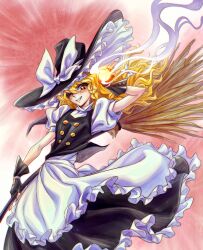  1girl absurdres apron banana black_gloves black_skirt black_vest blonde_hair blush bow braid broom brown_eyes buttons commentary_request emphasis_lines fang feet_out_of_frame fingerless_gloves food frilled_apron frills fruit gloves glowing glowing_weapon grin hair_bow hand_up hat hat_bow highres holding holding_broom kirisame_marisa long_hair mini-hakkero ookimi_gusoku_mushi petticoat puffy_short_sleeves puffy_sleeves red_background shirt short_sleeves single_braid skirt smile smoke solo touhou vest weapon white_apron white_bow white_shirt witch_hat 