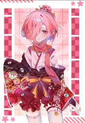  absurdres bell chinese_commentary clothing_cutout commentary_request cowboy_shot drapensweet1102 ear_piercing eye_print frilled_shorts frills gathers hair_bell hair_ornament hair_over_one_eye hair_rings highres hip_vent japanese_clothes jibaku_shounen_hanako-kun kimono mitsuba_sousuke mole mole_under_eye off_shoulder piercing print_kimono red_shorts ribbon-trimmed_shorts ribbon_trim short_hair shorts single_hair_ring skindentation temari_print thigh-highs white_kimono white_thighhighs 