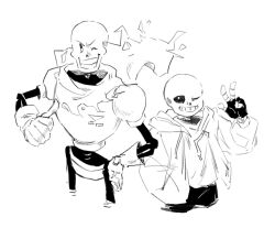  2023 2boys 2d anaizzzen armor black_gloves black_shorts brothers cape commentary cropped_legs digital_media drawstring duo english_commentary fingerless_gloves floating_cape gloves hand_in_pocket hand_on_own_hip hand_up height_difference hollow_eyes hood hood_down hooded_jacket humanoid jacket long_sleeves male male_focus male_only monochrome monster monster_boy multiple_boys one_eye_closed open_clothes open_jacket papyrus_(undertale) pointing pointing_at_self pointing_with_thumb sans_(undertale) shirt shorts siblings simple_background skeleton sketch teeth torn_cape undead undertale utdr_(toby_fox) w white_armor white_background 