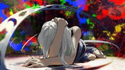  1girl abstract arm_support black_dress colorful_background commentary_request covered_face crescent_print dress foreshortening full_body hair_over_face hand_on_own_head highres kaigen_1025 lying on_side overlighting sleeveless sleeveless_dress solo touhou yuiman_asama 