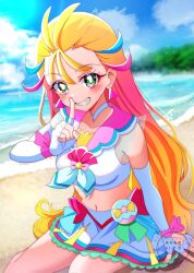  1girl alternate_hairstyle beach blonde_hair blue_hair blue_neckerchief blue_sky blurry blurry_background bow brooch choker clouds cloudy_sky commentary crop_top cure_summer day depth_of_field earrings elbow_gloves fingerless_gloves glove_bow gloves gradient_hair green_eyes grin hair_down hair_pulled_back highres horizon index_finger_raised jewelry long_hair looking_at_viewer magical_girl midriff miniskirt momotarouooi multicolored_eyes multicolored_hair natsuumi_manatsu navel neckerchief ocean outdoors pact_holder pink_eyes pink_hair pink_sailor_collar pleated_skirt precure red_bow sailor_collar shell_brooch shirt sitting skirt skirt_bow sky sleeveless sleeveless_shirt smile solo streaked_hair triangle_earrings tropical-rouge!_precure very_long_hair white_choker white_gloves white_shirt white_skirt yokozuwari 