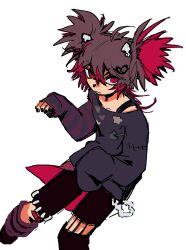  1girl absurdres ahoge alternate_costume alternate_hairstyle black_nails black_pants black_shirt broken_heart broken_heart_hair_ornament brown_hair chinese_commentary commentary_request evil_neuro-sama flat_chest gothic_punk hair_ornament heart highres looking_at_viewer multicolored_hair pants poodle_(lofter_1389564) red_eyes red_hair shirt short_twintails simple_background skull_hair_ornament sleeves_past_wrists slit_pupils solo spiky_hair standing torn_clothes torn_pants twintails two-tone_hair vedal_ai virtual_youtuber white_background 