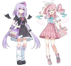  2girls alternate_costume aqua_eyes aqua_hair black_shirt black_shoes black_skirt bow castorice_(honkai:_star_rail) closed_mouth drill_hair full_body highres honkai:_star_rail honkai_(series) hyacine_(honkai:_star_rail) leg_warmers long_hair looking_at_viewer low_twintails multiple_girls one_eye_closed open_mouth pink_bow pink_hair pink_shoes pink_skirt pointy_ears purple_hair sailor_collar seero shirt shoes simple_background skirt smile standing twin_drills twintails very_long_hair violet_eyes white_background white_leg_warmers white_shirt 