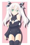  1girl alternate_costume bare_shoulders black_heart blush bow choujigen_game_neptune detached_sleeves embarrassed flat_chest frown green_eyes hair_bow hair_ornament long_hair minagi noire solo symbol-shaped_pupils thigh-highs thighhighs twintails white_hair 