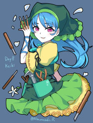  1girl aomurasaki_r apron between_fingers black_ribbon blue_background blue_hair blush character_name check_commentary commentary_request dress green_apron green_headscarf haniyasushin_keiki headscarf highres holding jewelry long_hair looking_at_viewer magatama magatama_necklace necklace open_mouth ribbon sleeve_ribbon solo tool_request tools touhou twitter_username violet_eyes yellow_dress 