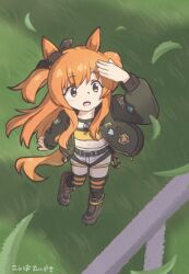  1girl :d animal_ears belt blush bomber_jacket brown_ribbon brown_shoes collarbone commentary dog_tags ear_ribbon full_body grass green_belt green_jacket green_thighhighs hand_up highres horse_ears horse_girl horse_tail jacket koshiba_taiyaki long_hair long_sleeves mayano_top_gun_(scramble_zone)_(umamusume) mayano_top_gun_(umamusume) navel open_clothes open_jacket open_mouth orange_eyes orange_hair orange_tail ribbon shirt shoes shorts smile solo tail thigh-highs two_side_up umamusume untranslatable_commentary white_shorts 
