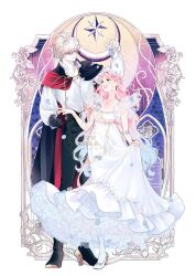  1boy 1girl absurdres ahoge asymmetrical_gloves b_etty01tm black_gloves black_pants blue_hair cape commentary_request dress earrings falling_petals fang fangs full_body gloves gradient_hair green_eyes hana_himeru_kimi_no_meteor heterochromia high_heels highres jewelry lavi_van_valentin long_hair multicolored_hair necklace open-mouth_smile open_mouth pants petals pink_hair red_eyes rose_petals shirt star-shaped_pupils star_(symbol) stella_quinwich symbol-shaped_pupils two-tone_hair white_background white_dress white_shirt yellow_eyes 