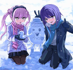  +_+ 1boy 1girl absurdres alternate_costume black_bow black_coat black_hairband black_pants black_skirt blue_scarf bow bow_hairband breath brother_and_sister brown_pantyhose character_snowman coat commentary double_bun hair_bun hairband headband highres holding_snowman jacket kneeling long_hair medium_hair pants pantyhose pink_eyes pink_hair pink_scarf purple_hair scarf siblings sirei_(hundred_line) skirt snow snow_animal snowing snowman sparkling_eyes sumi_ringo the_hundred_line_-last_defense_academy- thumbs_up tsukumo_ima tsukumo_kako twins twintails untranslatable_commentary v white_jacket winter_clothes 