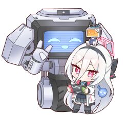  ._. 1girl ^_^ ankle_boots black_boots black_bow black_hairband black_jacket black_skirt black_thighhighs blue_archive blue_necktie blush boots bow bright_pupils chibi chibi_only closed_eyes closed_mouth collared_shirt commentary_request double-parted_bangs full_body hair_between_eyes hair_bow hairband halo handheld_game_console highres holding holding_handheld_game_console jacket kei_(amas)_(blue_archive) kei_(blue_archive) kei_(new_body)_(blue_archive) kei_(robot)_(blue_archive) long_bangs long_hair long_hair_between_eyes long_sleeves looking_at_viewer multicolored_jacket necktie nintendo_switch non-humanoid_robot open_clothes open_jacket pink_eyes pink_halo pink_jacket pleated_skirt puffy_long_sleeves puffy_sleeves rectangular_halo ringed_eyes robot screen shirt sidelocks simple_background skirt smile spoken_expression standing sucong thigh-highs v very_long_hair wheel white_background white_hair white_jacket white_shirt 