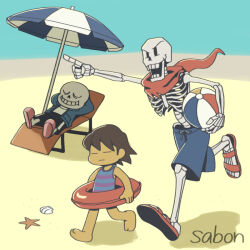  1other 2023 2boys 2d alternate_costume ambiguous_gender aqua_background arms_behind_head artist_name barefoot beach beach_ball beach_umbrella black_shorts blue_jacket blue_shorts blue_swimsuit brothers brown_hair child closed_eyes commentary digital_media drawstring frisk_(undertale) grey_hood height_difference holding holding_ball hood hood_down hooded_jacket horizontal-striped_clothes human humanoid innertube jacket long_sleeves lying male monster monster_boy multiple_boys on_back open_clothes open_jacket outdoors papyrus_(undertale) pink_slippers pink_stripes red_sandals red_scarf ribs running sabon_t sand sandals sans_(undertale) scarf shadow shell shirt short_hair shorts siblings simple_background single_vertical_stripe skeleton slippers spine starfish striped_clothes striped_shorts striped_swimsuit summer swim_ring teeth topless topless_male trio two-tone_swimsuit umbrella undead undertale utdr_(toby_fox) variant_set vertical-striped_clothes vertical-striped_shorts white_shirt white_socks white_stripes 