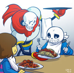  1other 2016 2boys 2d ambiguous_gender armor artist_name blue_jacket blue_shorts blue_sweater brothers brown_hair cape child commentary cowboy_shot digital_media double_horizontal_stripe eating english_commentary food fork frisk_(undertale) gloves gradient_background grey_hood height_difference holding holding_food holding_fork holding_knife holding_plate holding_tray hollow_eyes hood hood_down hooded_jacket horizontal-striped_clothes human humanoid inactive_account jacket knife leaning_forward long_sleeves looking_down male monster monster_boy multiple_boys open_clothes open_jacket papyrus_(undertale) pasta pink_stripes plate red_cape red_gloves sans_(undertale) shirt short_hair shorts siblings simple_background skeleton spaghetti spaghetti_and_meatballs spewpew striped_clothes striped_sweater sweater table teeth third-party_source tray trio two-tone_sweater undead undertale upper_body utdr_(toby_fox) white_armor white_background white_shirt 