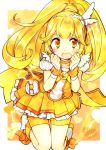  bike_shorts blonde_hair blush boots bow cure_peace electricity hanabana_tsubomi hands_on_own_face heart heart_background highres kise_yayoi long_hair magical_girl open_mouth ponytail precure shorts_under_skirt skirt smile_precure! solo tears very_long_hair yellow yellow_eyes 