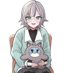  1girl :d absurdres chair chinese_commentary commentary_request english_commentary glasses green_eyes green_jacket grey_hair grey_skirt hifumi_suu highres holding holding_stuffed_toy jacket kimi_no_koto_ga_dai_dai_dai_dai_daisuki_na_100-nin_no_kanojo light_blush long_sleeves looking_at_viewer miniskirt mixed-language_commentary open_mouth pentarou_(hyakkano) pigsir13152 pleated_skirt short_hair simple_background sitting skirt smile solo sparkling_eyes stuffed_toy white_background 