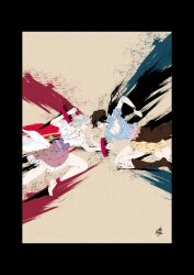  2girls animal_ears ankle_cuffs barefoot bear_trap black_eyes black_hair black_wings blue_scarf blue_shirt boots breasts brown_boots brown_hat commentary_request cowboy_hat dog_ears dog_tail frilled_skirt frills hat highres horse_tail jewelry kurokoma_saki large_breasts layered_clothes looking_at_another mitsugashira_enoko multiple_girls necklace off-shoulder_shirt off_shoulder pink_shirt pink_skirt ponytail purple_shirt running scarf shirt signature simple_background skirt tail thighs touhou white_hair wings yamada_satoshi 