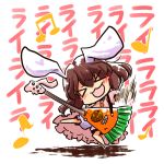  &gt;_&lt; :d animal_ears brown_hair bunny_ears carrot chibi guitar inaba_tewi instrument musical_note okome_(kome_kuma) on_one_foot open_mouth rabbit_ears smile solo standing_on_one_leg touhou 