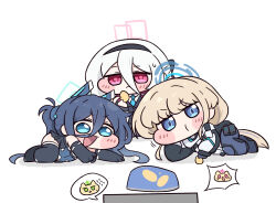  :d aris_(armed)_(blue_archive) aris_(blue_archive) beleullin black_hairband blonde_hair blue_archive blue_eyes blue_hair blue_necktie chibi chibi_only commentary eating food gloves green_eyes hair_between_eyes hairband halo highres holding holding_food kei_(blue_archive) kei_(new_body)_(blue_archive) korean_commentary long_hair long_hair_between_eyes long_sleeves midori_(blue_archive) momoi_(blue_archive) necktie pointing rectangular_halo red_eyes red_halo simple_background smile speech_bubble toki_(armed)_(blue_archive) toki_(blue_archive) watching_television white_hair 