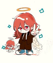  1boy androgynous angel angel_devil_(chainsaw_man) angel_wings black_jacket black_necktie black_suit blue_shoes chainsaw_man chibi colored_shadow commentary_request doodle_inset dot_nose feathered_wings formal_clothes hair_between_eyes halo jacket long_hair looking_at_viewer male_focus messy_hair necktie negative_space niko_noitodayo red_eyes red_hair shadow shoes sneakers solo sparkle suit suit_jacket traditional_halo v white_background white_wings wings 