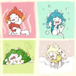  2016 2d animal aqua_background aqua_hair aqua_shirt blonde_hair border brown_background bubble clouds commentary creature creature_focus dated_commentary digital_media english_commentary female fire fire_breathing flower flower_in_hair green_background green_hair multicolored_background multiple_animal_ears no_humans open_mouth petite-pumpkin red_background red_hair red_shirt shirt simple_background solid_eyes temmie undertale utdr_(toby_fox) white_background white_border white_fur yellow_flower yellow_shirt 