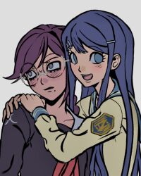  2girls blue_eyes blue_hair blush booger13801449 braid danganronpa:_trigger_happy_havoc danganronpa_(series) fukawa_toko glasses grey_background hair_ornament hairclip hands_on_another's_shoulders highres maizono_sayaka mole mole_under_mouth multiple_girls purple_hair round_eyewear school_uniform simple_background twin_braids violet_eyes yuri 