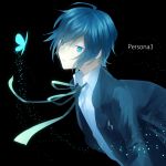  720yen arisato_minato blue_eyes blue_hair bow butterfly male persona persona_3 ribbon school_uniform simple_background solo 
