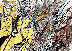 2boys absurdres aura colored_skin commentary_request crossover energy extra_mouth facial_mark forehead_protector glowing highres igomaru kamen_rider kamen_rider_gavv_(series) konohagakure_symbol lango_stomach male_focus misplaced_mouth monster_boy multicolored_nails multiple_boys naruto_(series) naruto_shippuuden open_mouth rasengan red_eyes short_hair spiky_hair stomach_mouth tokusatsu uzumaki_naruto uzumaki_naruto_(kurama_mode) uzumaki_symbol whisker_markings yellow_skin