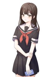  1girl black_hair black_sailor_collar black_skirt brown_eyes cellphone dabrew long_hair original phone sailor_collar sailor_senshi_uniform school_uniform simple_background skirt smartphone standing white_background 