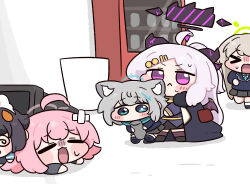  >_< 5girls :< :3 ahoge animal_ears beleullin black_halo blue_archive blue_eyes blue_necktie blue_scarf chibi chibi_only commentary demon_girl demon_wings grey_hair hair_between_eyes hair_ornament halo highres hina_(blue_archive) holding hoshino_(blue_archive) huge_ahoge korean_commentary low_wings miyu_(blue_archive) multicolored_halo multiple_girls necktie nervous_sweating nonomi_(blue_archive) open_mouth pink_hair scarf shiroko_(blue_archive) sweat trash_can vending_machine violet_eyes white_hair wings wolf_ears wolf_girl 