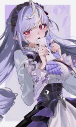  1girl absurdres ascot black_hairband black_nails blush border buttons center_frills commentary fang fingernails frills hairband hamra_(hamcommis) highres holding long_hair long_sleeves looking_at_viewer open_mouth outside_border pointy_ears purple_ascot purple_hair red_eyes solo very_long_hair vivian_banshee white_border zenless_zone_zero 