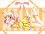  1girl bike_shorts blonde_hair cure_peace double_v dress hinapo kise_yayoi long_hair lying magical_girl on_stomach precure puffy_sleeves shoes shorts_under_skirt skirt smile smile_precure! solo striped striped_background v wink yellow yellow_background yellow_bike_shorts yellow_dress yellow_eyes 
