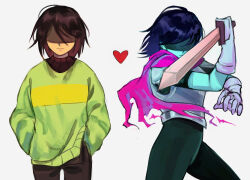  1other 2025 2d absurdres ambiguous_gender anaizzzen armor armored_boots blue_hair blue_skin bodysuit boots brown_hair brown_pants colored_skin commentary cowboy_shot deltarune digital_media english_commentary fighting_stance gauntlets green_sweater hair_over_eyes hands_in_pockets heart highres holding holding_sword holding_weapon horizontal-striped_clothes human kris_(dark_world)_(deltarune) kris_(deltarune) long_sleeves multiple_views other_focus pants scarf short_hair simple_background solo striped_clothes striped_sweater sweater sword two-tone_sweater utdr_(toby_fox) weapon white_background yellow_stripes 