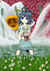  1girl blue_dress blue_eyes blue_hair commentary_request dress eyeshadow flower grass hagoromo hair_ornament hair_rings hair_stick holding holding_skull kaku_seiga kams kneeling looking_at_viewer makeup purple_eyeshadow shawl skull touhou vest 