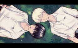  2boys belt black_belt black_border black_hair border breast_pocket collared_shirt hashtag-only_commentary highres hikaru_ga_shinda_natsu indou_hikaru letterboxed looking_at_another lying male_focus mole mole_on_cheek mole_on_neck mole_under_eye mole_under_mouth multiple_boys multiple_moles on_back on_floor open_collar parted_lips pocket scar scar_on_neck school_uniform shirt shirt_tucked_in teeth tsujinaka_yoshiki upper_body white_hair white_shirt x_x3999 