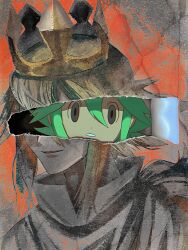  1boy :o aged_down commentary_request covered_eyes crown expressionless gold_crown green_hair grey_eyes grey_tunic highres long_sidelocks looking_at_viewer low_ponytail male_focus muted_color n_(pokemon) open_mouth orange_background paint paint_splatter painting_(object) parted_lips peeking picture_frame pokemon pokemon_bw ponytail sidelocks smile torn torn_painting torn_paper tunic zero_(sleepy_meltan) 
