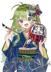  1girl :d alternate_costume black_sash blue_bow blue_kimono blush bow calligraphy_brush commentary_request cowboy_shot daruma_doll frog_hair_ornament green_eyes green_hair hair_bow hair_ornament hair_tubes holding holding_calligraphy_brush holding_paintbrush japanese_clothes kimono kochiya_sanae long_hair long_sleeves looking_at_viewer obi obijime open_mouth paintbrush sash simple_background single_hair_tube smile snake_hair_ornament solo tamagogayu1998 touhou white_background wide_sleeves 