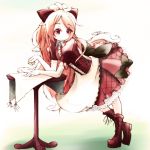  animal_ears blonde_hair boots bow colored elbow_gloves gloves highres long_hair maid ninetales okerabi_asura personification pokemon red_eyes smile solo table vulpix yume_shokunin 