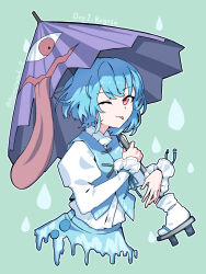  aomurasaki_r blue_hair blue_skirt blue_vest character_name commentary geta highres holding holding_umbrella juliet_sleeves long_sleeves looking_at_viewer one_eye_closed puffy_sleeves red_eyes shirt shirt_tucked_in short_hair skirt sleeve_ribbon socks tatara_kogasa touhou umbrella vest water_drop white_shirt white_socks 
