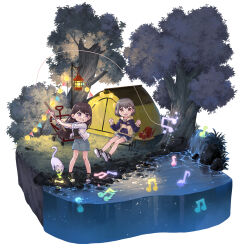  2girls absurdres animalization bang_dream! bang_dream!_it's_mygo!!!!! beiji_qi belt black_hair black_shirt blue_hoodie blue_shorts blue_skirt brown_belt brown_eyes cat clenched_teeth commentary diorama english_commentary fishing_rod grey_hair highres holding holding_fishing_rod hood hood_down hoodie jacket kaname_raana long_hair long_sleeves mole mole_under_eye multiple_girls musical_note open_clothes open_jacket open_mouth raana_the_cat shiina_taki shirt short_hair shorts simple_background sitting skirt standing takamatsu_tomori teeth tent tree violet_eyes water waterfall white_background white_jacket 