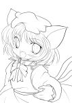  absurdres animal_ears cat_ears cat_tail chen highres lineart looking_at_viewer monochrome multiple_tails open_mouth short_hair smile solo tail touhou transparent_background yume_shokunin 